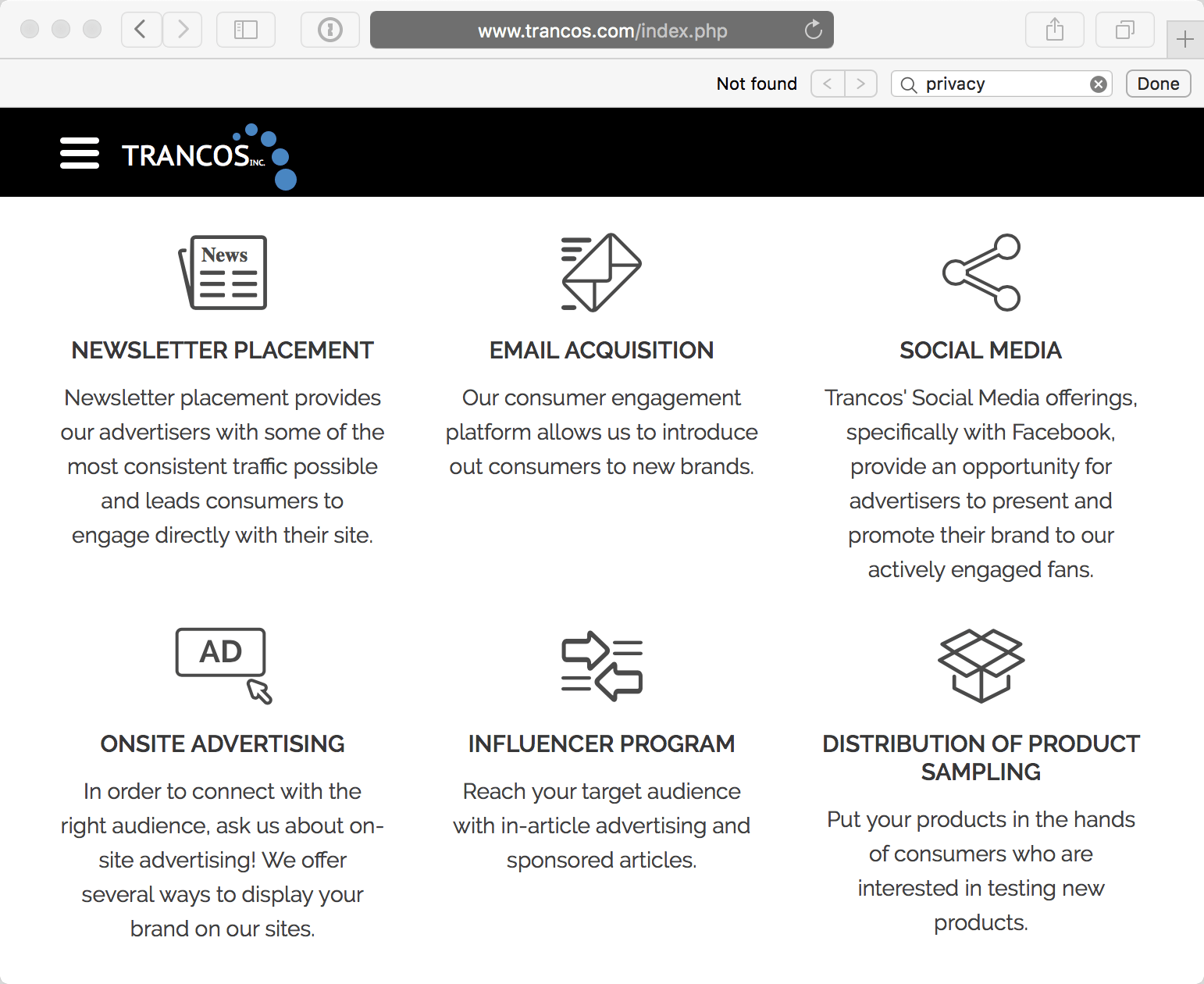 Trancos engages in newsletter placement, email acquisition, social media, onsite advertising, influencer programs, and distribution of product sampling.