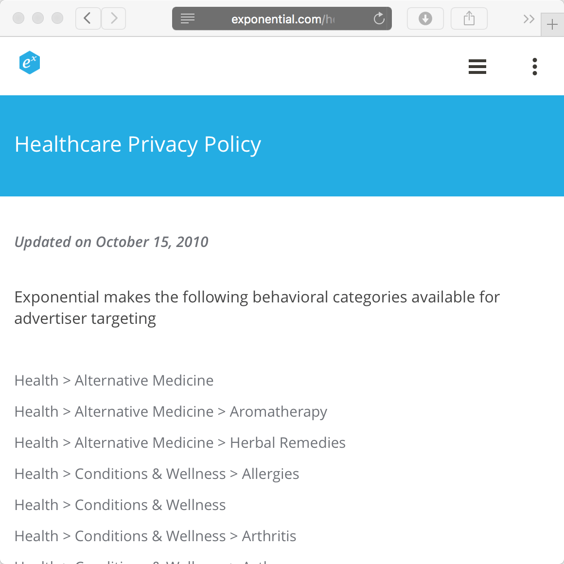 Tribal Fusion’s privacy policy listing all the health-related categories they track you on and make available to advertisers