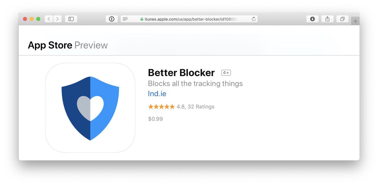 Screenshot of the Better Blocker App Store Preview with a 4.8 rating