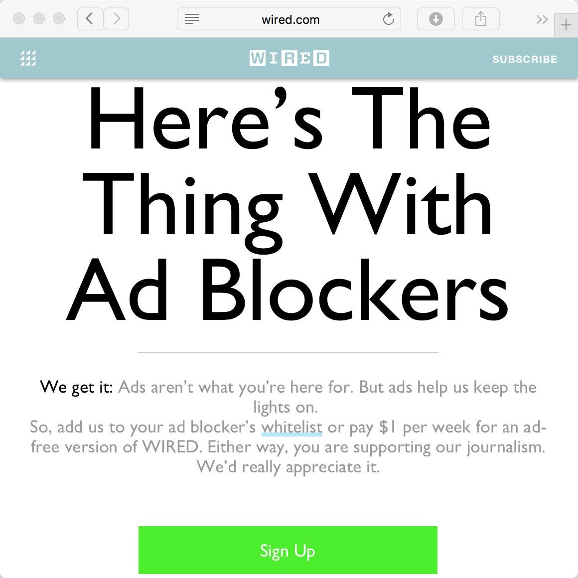 Screenshot of Wired’s doorslam that blocks access unless you turn off your tracker blocker.