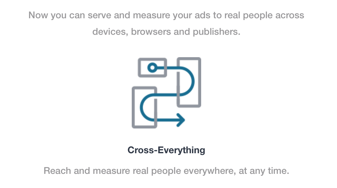 Now you can serve and measure your ads to real people across devices, browsers and publishers. Cross-Everything: Reach and measure real people everywhere, at any time.